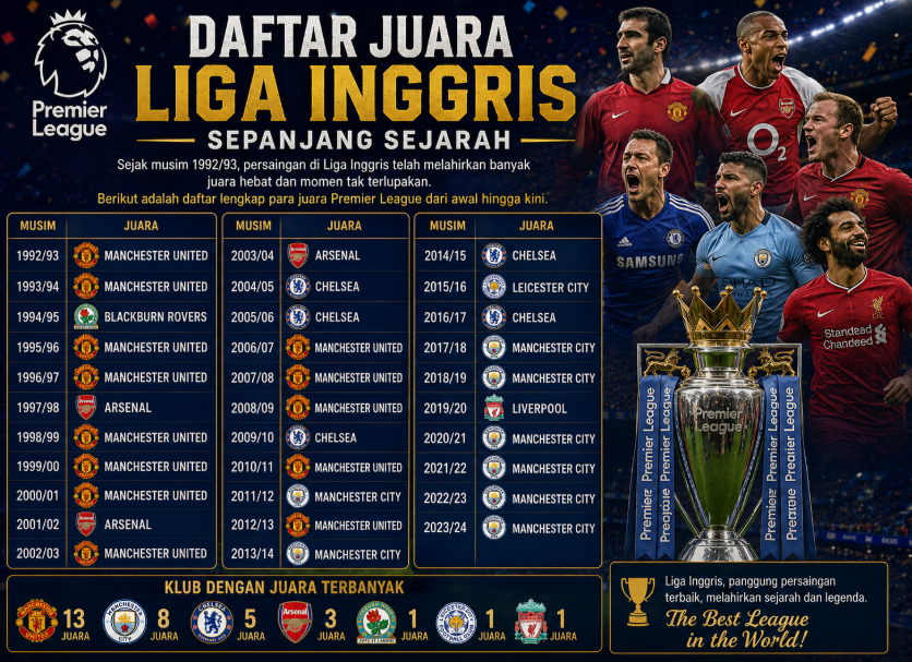 Daftar Lengkap dan Rekor Juara Liga Inggris Terbanyak Sepanjang Masa
