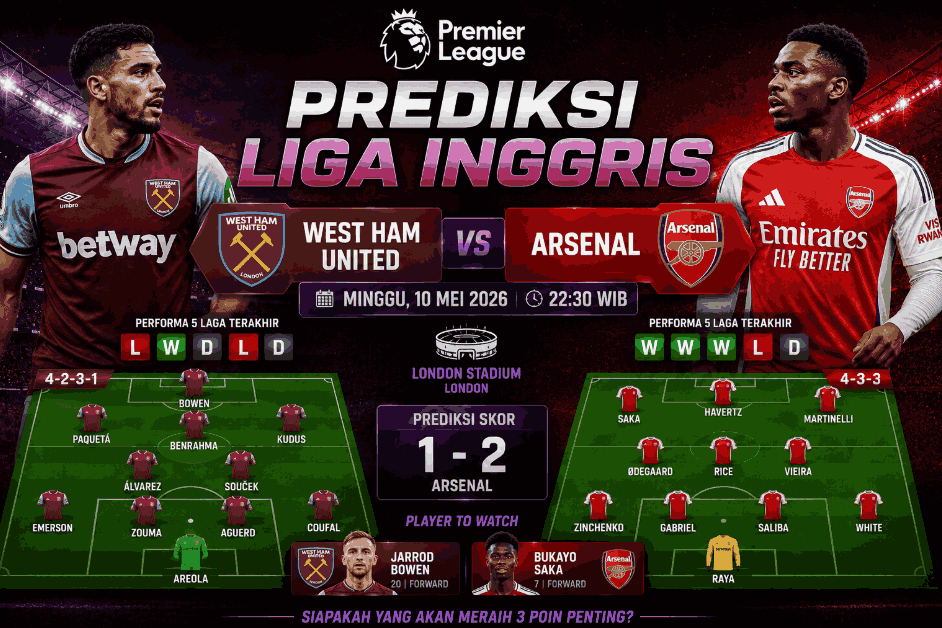 Prediksi Skor West Ham vs Arsenal – Premier League 2026